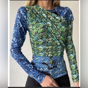 Zara NWT ruched green/blue long sleeve top